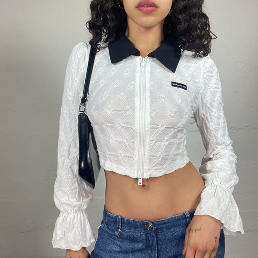 Vintage 2000's Coquette Polo Lace Fabric White Zip Up Cropped Top with Contrast Collar (S)