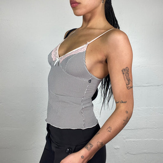 Vintage 2000's Morgan Soft Girl Black and White Striped Cami Top with Pink Lace Trim (S)