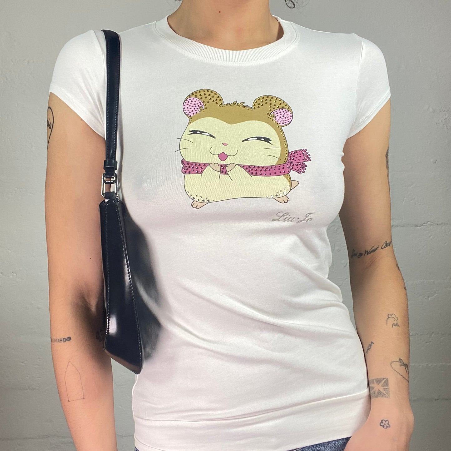 Vintage 2000's Cute White Micro Sleeves Tee with Cartoon Print (S)