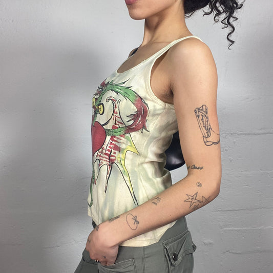 Vintage 2000's Grunge Beige and Khaki Fading Tank Top with Heart Knife Print (M)