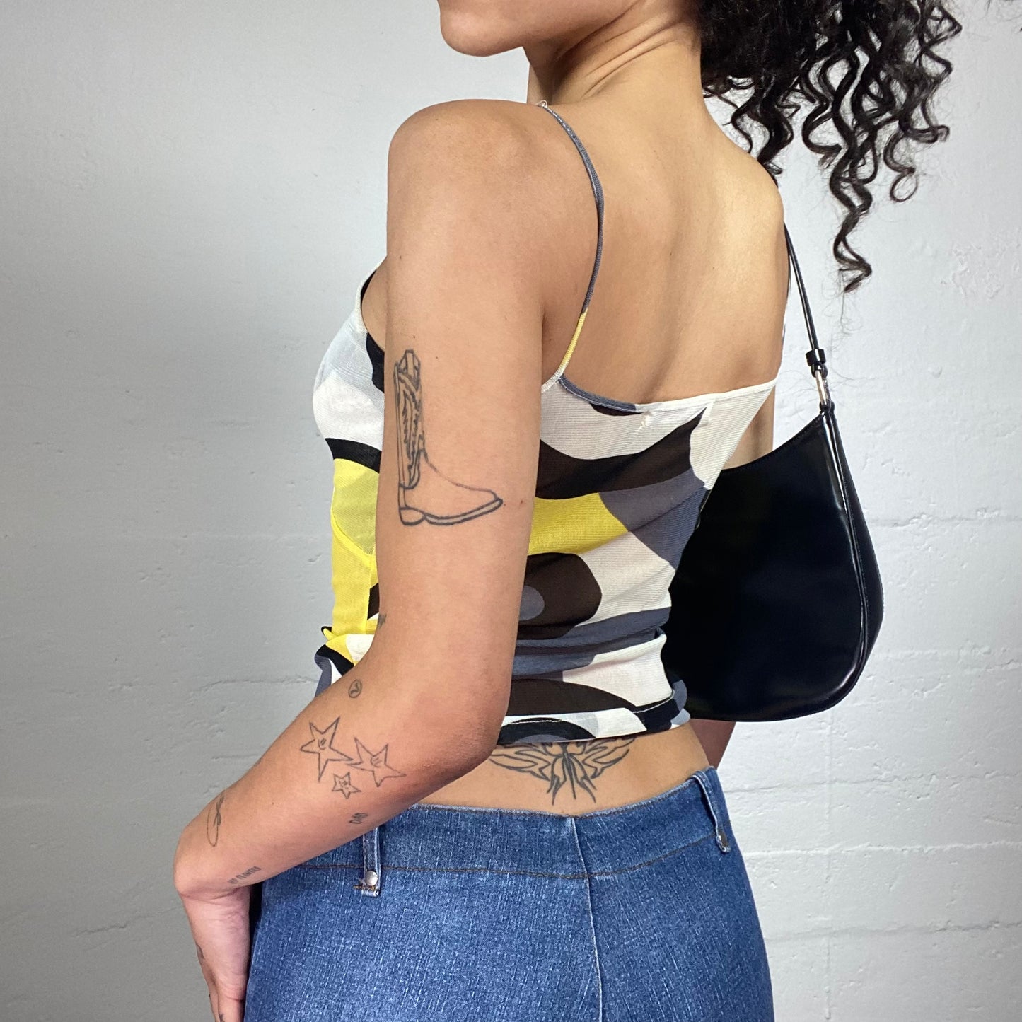 Vintage 2000's Summer Black White and Yellow Geometric Print Cami Top (S/M)