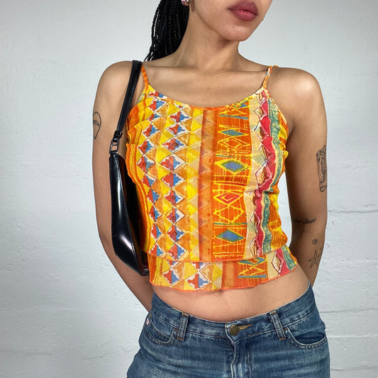 Vintage 2000's Hippie Summer Orange and Yellow Geometric Printed Cropped Cami Top (S)
