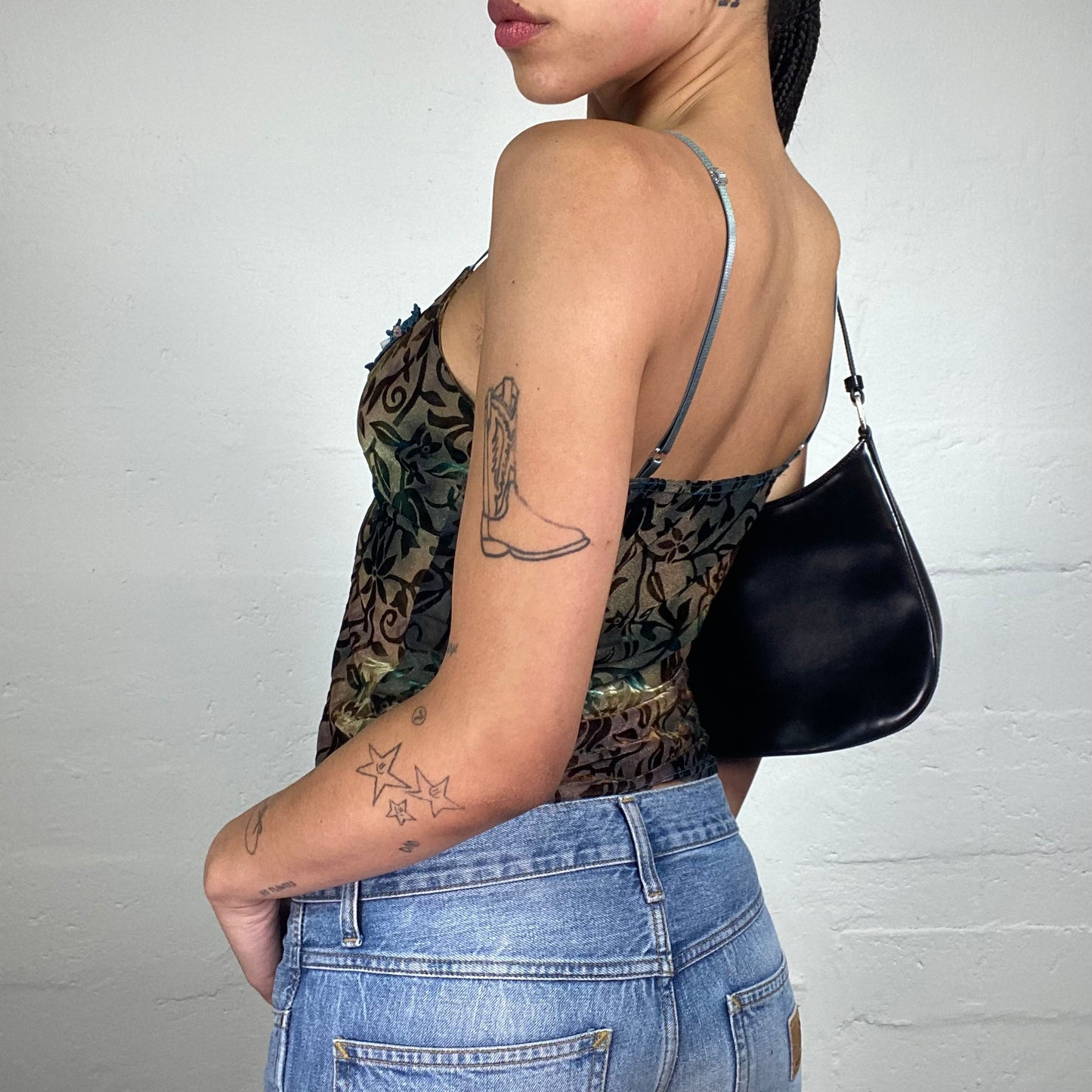 Vintage 2000's Dark Boho Chameleon Coloured Boho Print Cami Top with Blue Lace and Rhinestones Decoration (S)