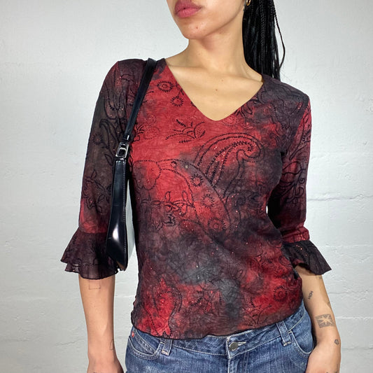 Vintage 2000's Vamp Style Tie-Dye Black and Red Textured 2/4 Sleeve Top (S)