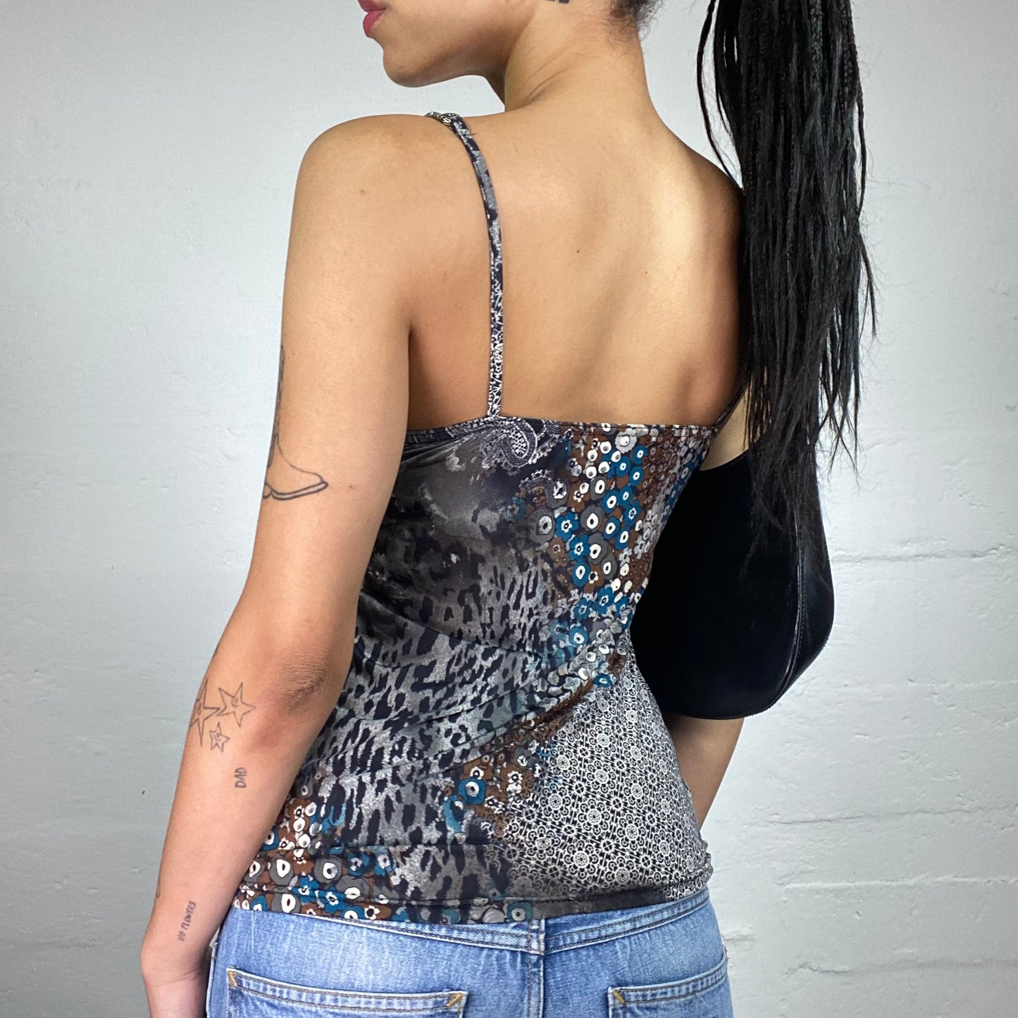 Vintage 2000's Downtown Girl Grey Toned Leo and Floral Printed Cami Top with Blue and Brown Accents (S)
