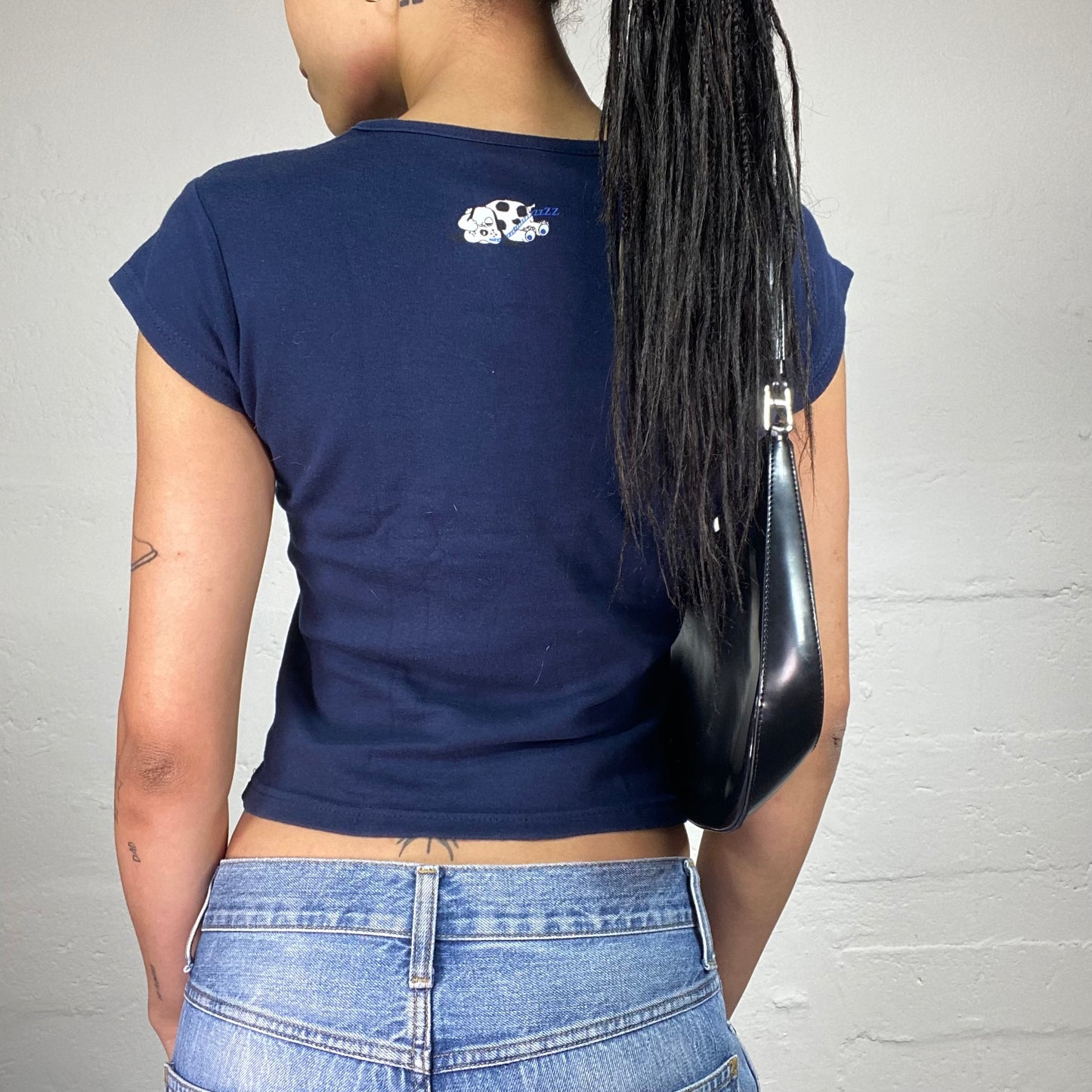 Vintage 2000's Skater Girl Navy Blue Just Resting My Eyes Puppy Printed Baby Tee (S)