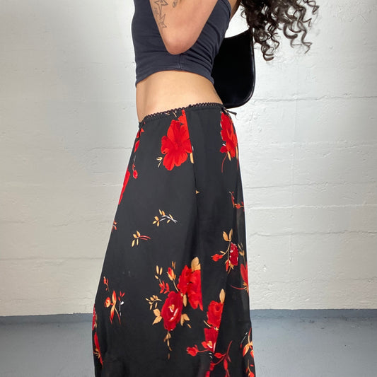 Vintage 2000's Chic Romantic Black Flowy Chiffon Dance Maxi Skirt with Red Roses Print (S)