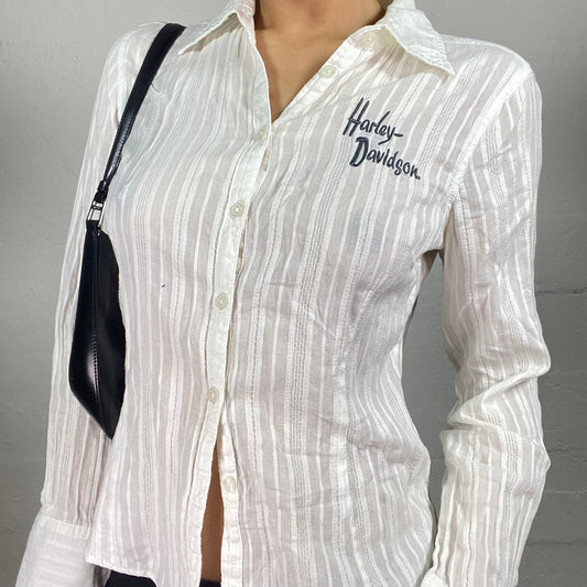 Vintage 2000's Archive Harley Davidson Office Girl Striped White Button Up Shirt (S)