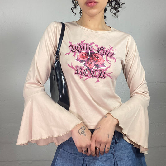Vintage 2000's Funky Beige Pink Grungy Wild Girl Top with Flared Sleeves (L)