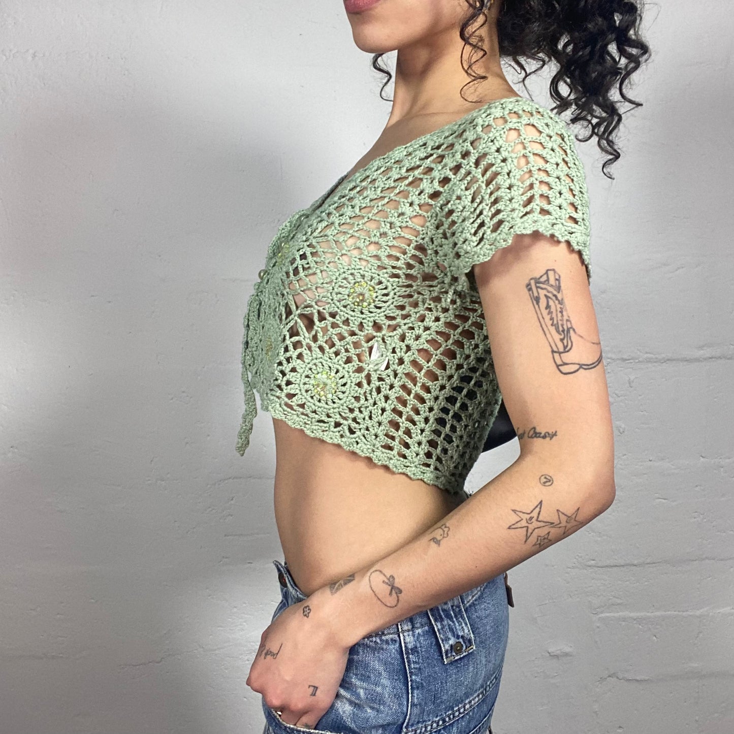 Vintage 2000's Boho Green Crochet Bolero Cropped Top (S)