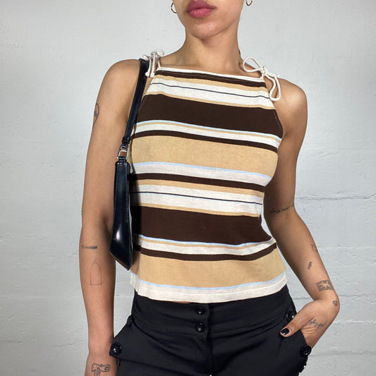 Vintage 2000's Downtown Girl Brown and Beige Striped Cami Top with Shoulder Binding (L)