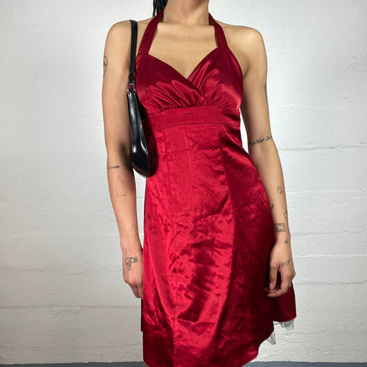 Vintage 2000's Femme Fatale Satin Red Layered Volume Skirt Neckholder Dress (S)