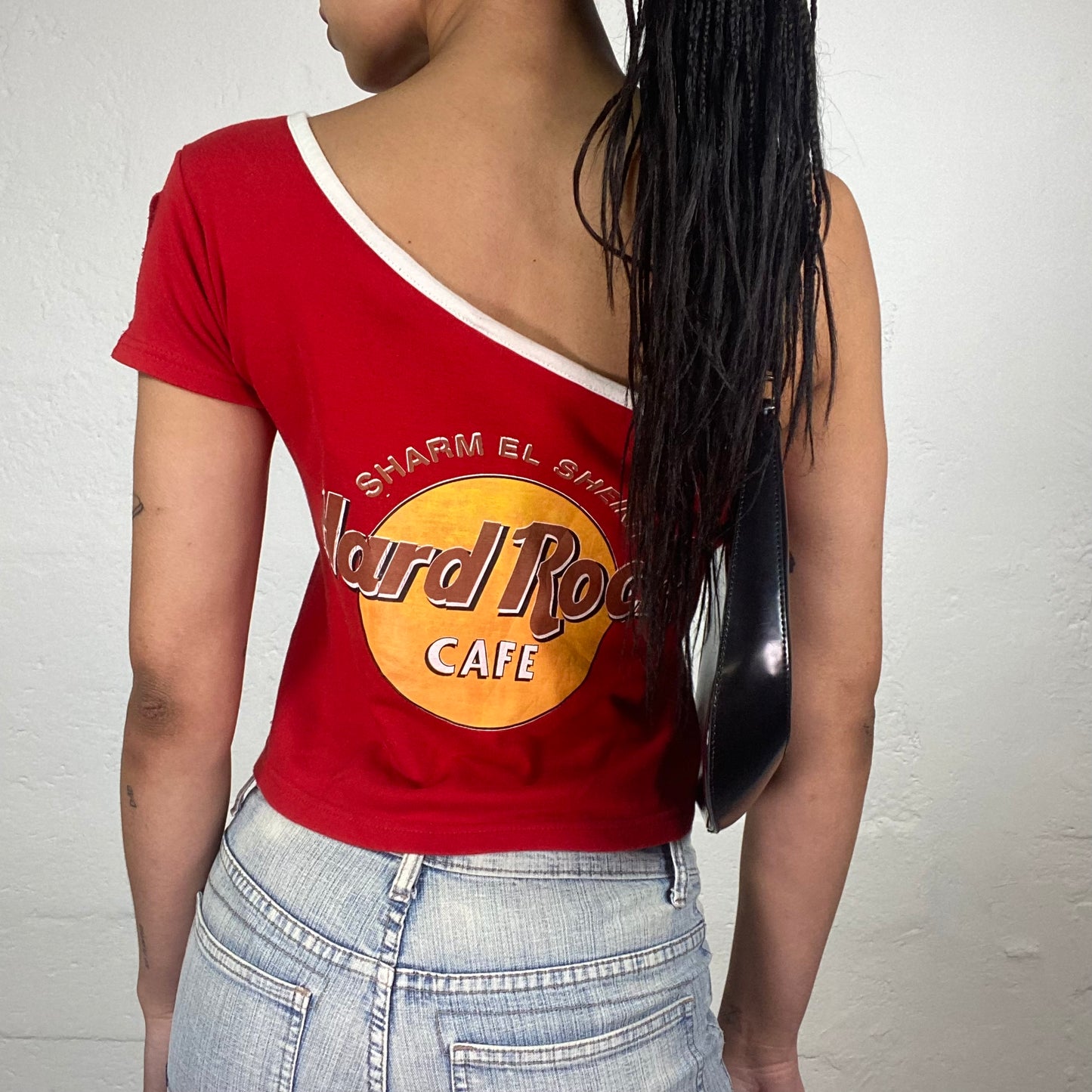 Vintage 2000’s Hard Rock Cafe Red One Shoulder Asymmetric Baby Tee with Back Logo Print (S)