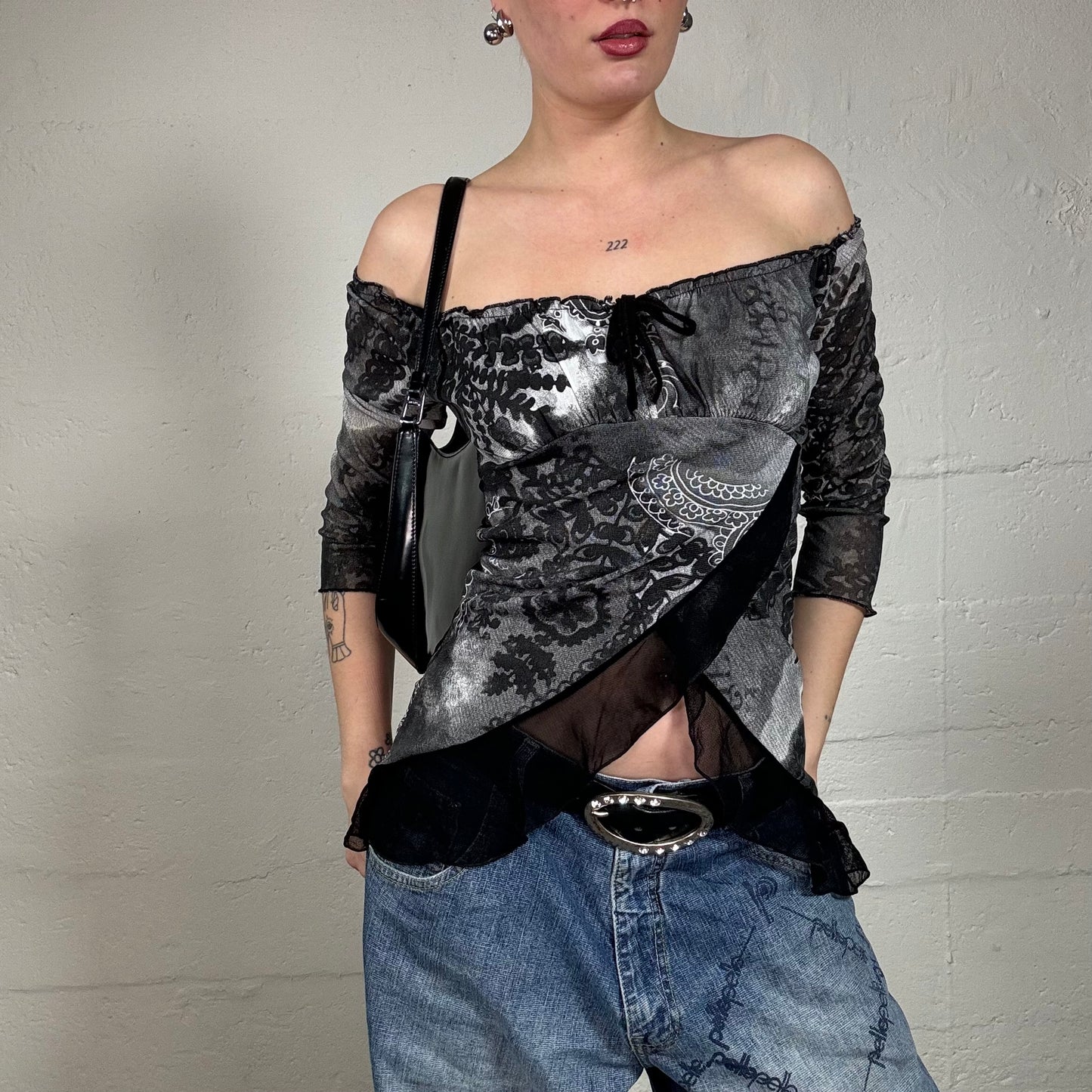 Vintage 2000's Indie Off Shoulder Longsleeve Top Slit and Tie Detail (S)