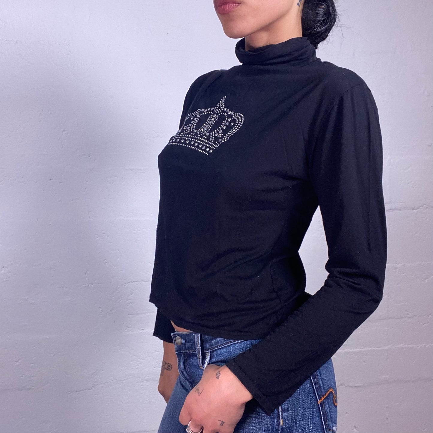 Vintage 2000's Night Out Black Longsleeve Turtleneck Top with Crown Rhinestone Embroidery (M/L)