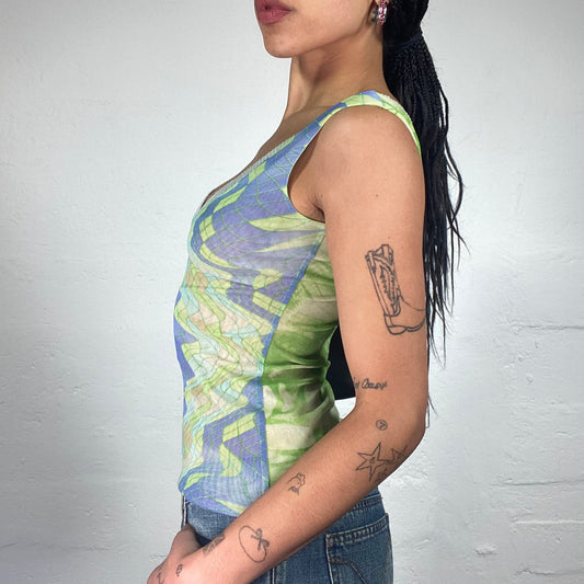 Vintage 2000's Fairy Girl Lime Green Tie Dye and Mosaic Print Top (S)
