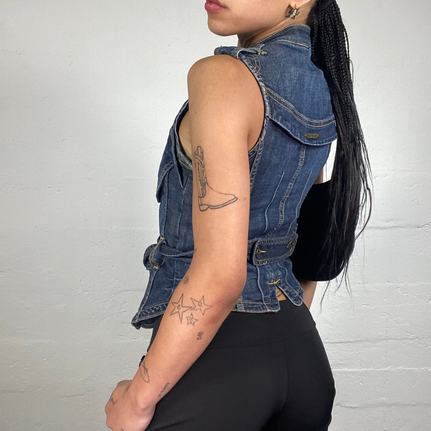 Vintage 2000's Downtown Girl Dark Blue Denim Zip Up Vest with Waist Binding and Layering Details (M)