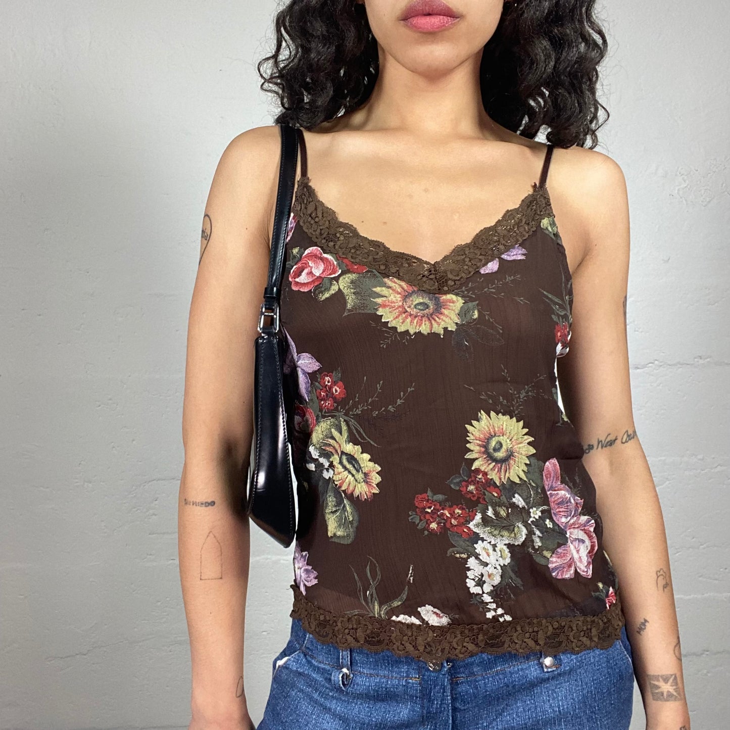 Vintage 2000's Romantic Brown Floral Print Cami Top with Lace Trim (S)