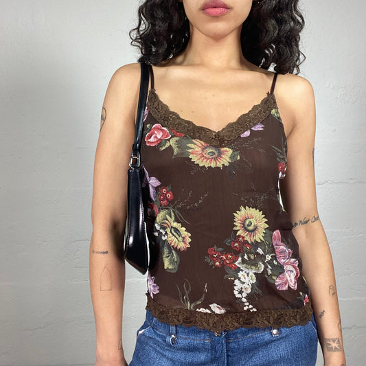 Vintage 2000's Romantic Brown Floral Print Cami Top with Lace Trim (S)
