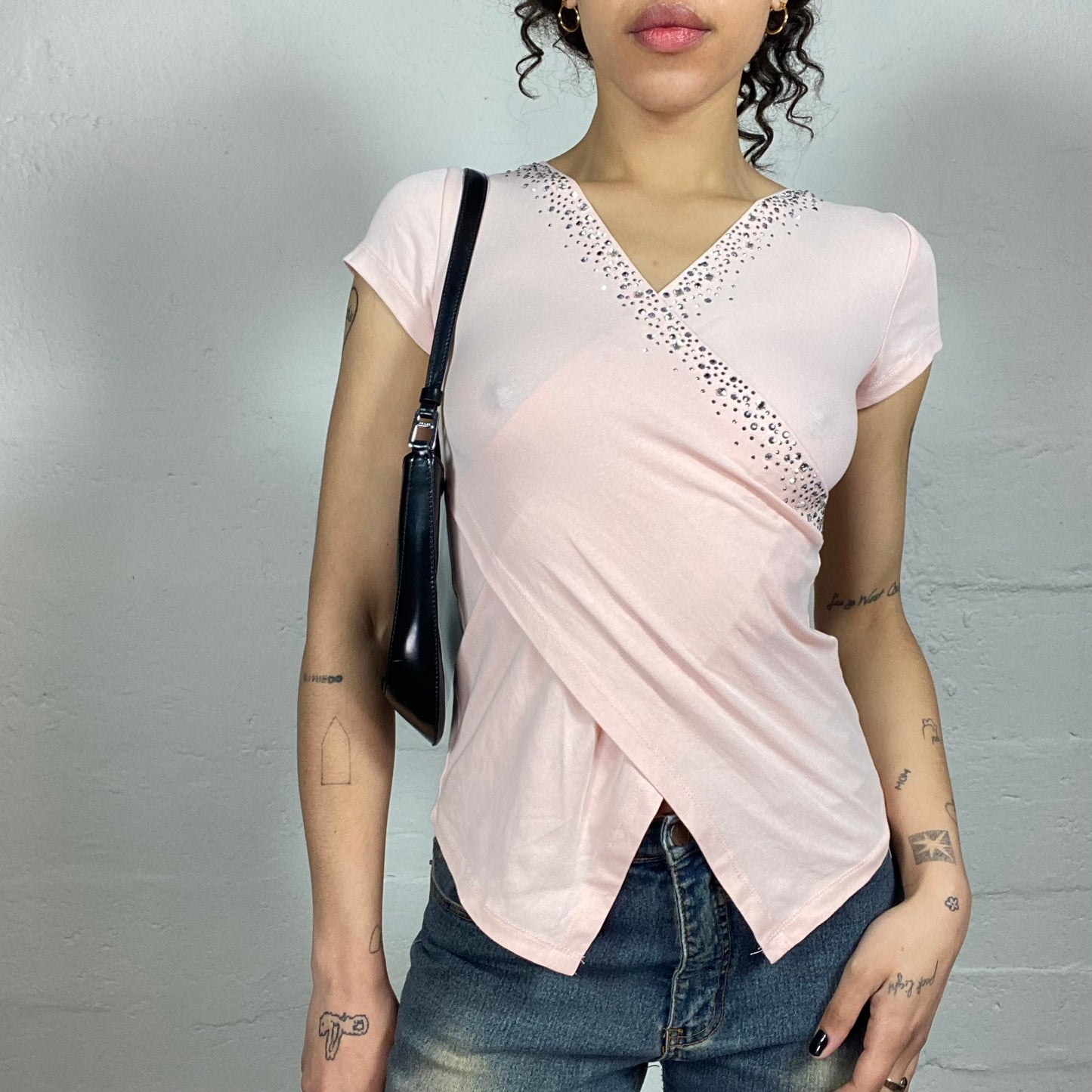 Vintage 2000's Soft Girl Wrapped Baby Pink Shortsleeved Top with Rhinestones (S/M)