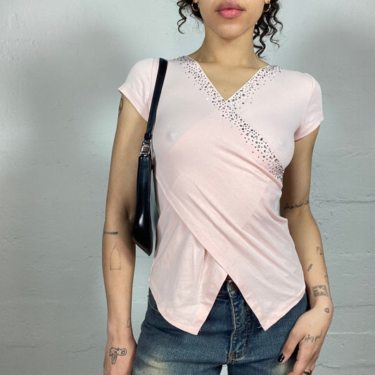 Vintage 2000's Soft Girl Wrapped Baby Pink Shortsleeved Top with Rhinestones (S/M)