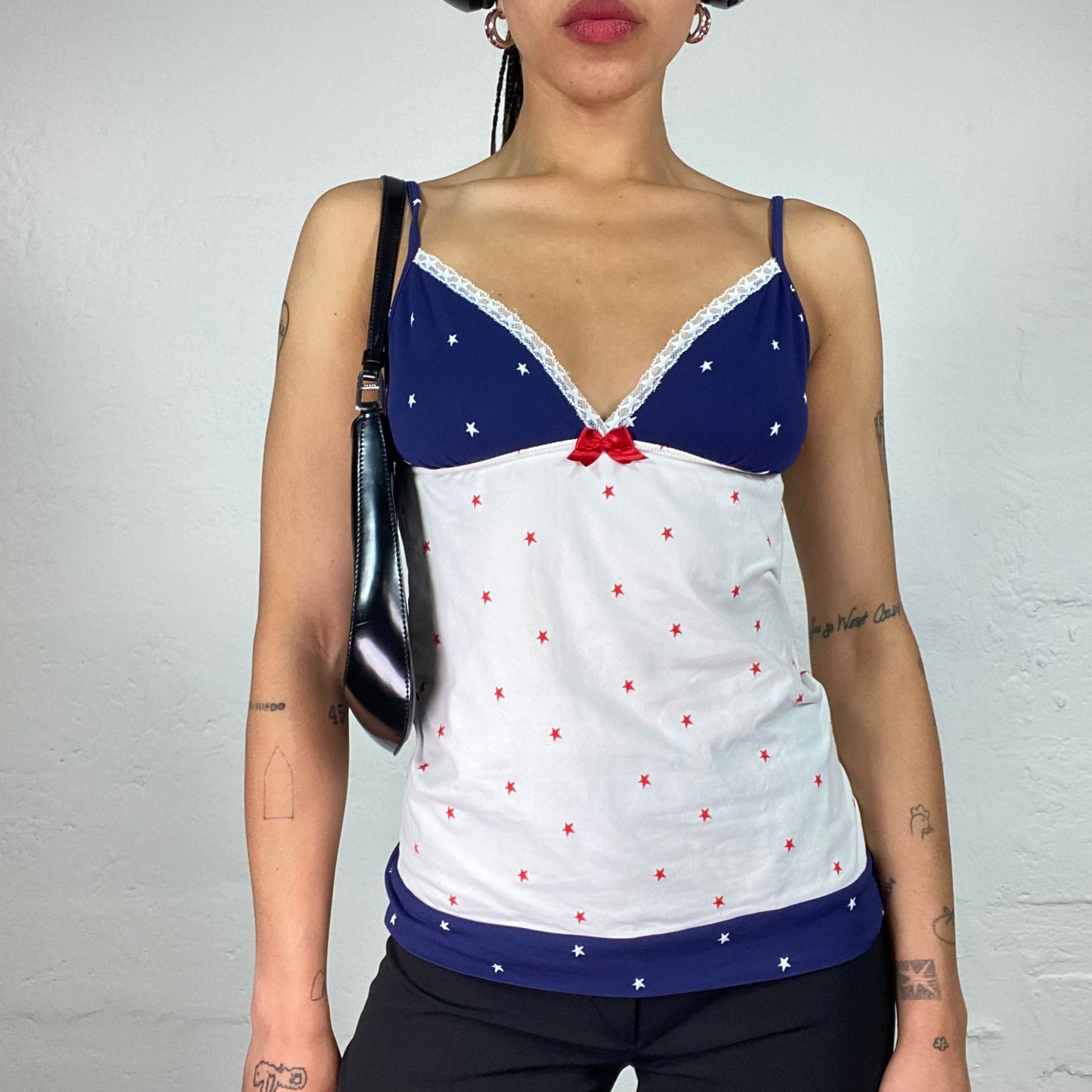 Vintage 2000's Summer Sea Side White And Blue Polka Dot Printed Cami Top with Red Ribbon (M)