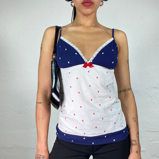 Vintage 2000's Summer Sea Side White And Blue Polka Dot Printed Cami Top with Red Ribbon (M)