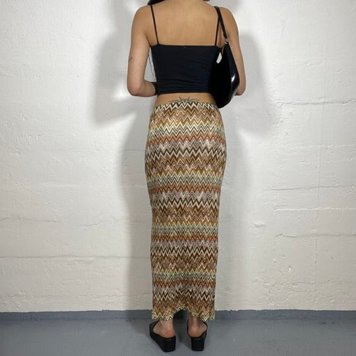 Vintage 90’s Summer Brown and Orange Toned Printed Maxi Skirt (XL)