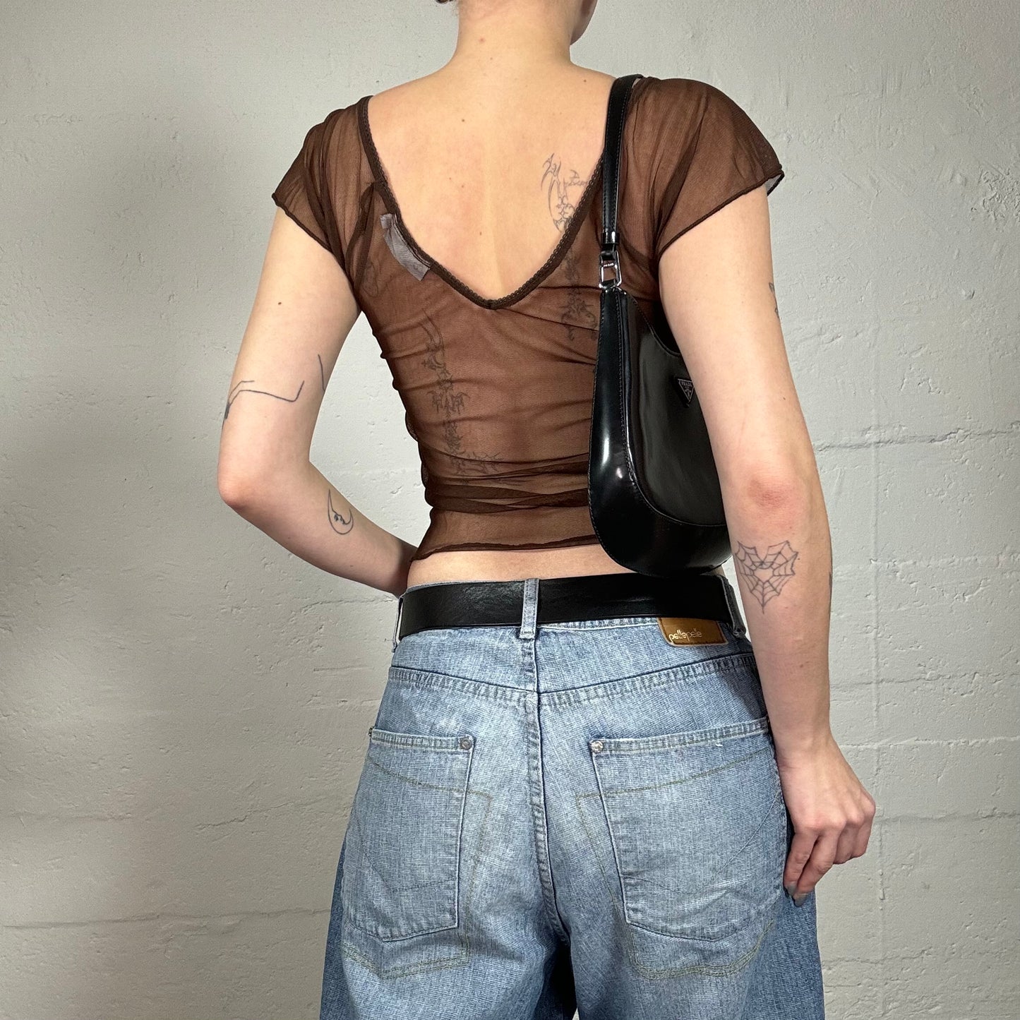 Vintage 2000's Indie Girl Brown Mesh Top with Multicolored Bands (XS)