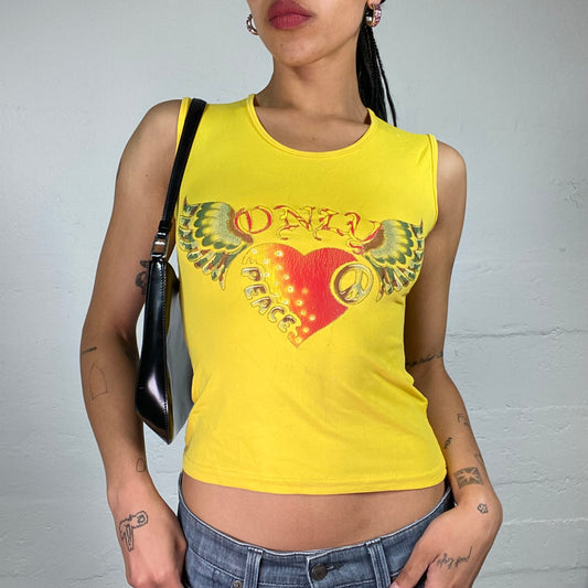Vintage 2000's Summer Girl Yellow Tank Top with Winged Heart Print (S)