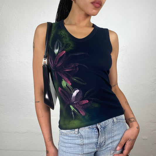 Vintage 2000’s Fairy Black Jersey Tank Top with Green and Pink Painting Style Floral Print (S)