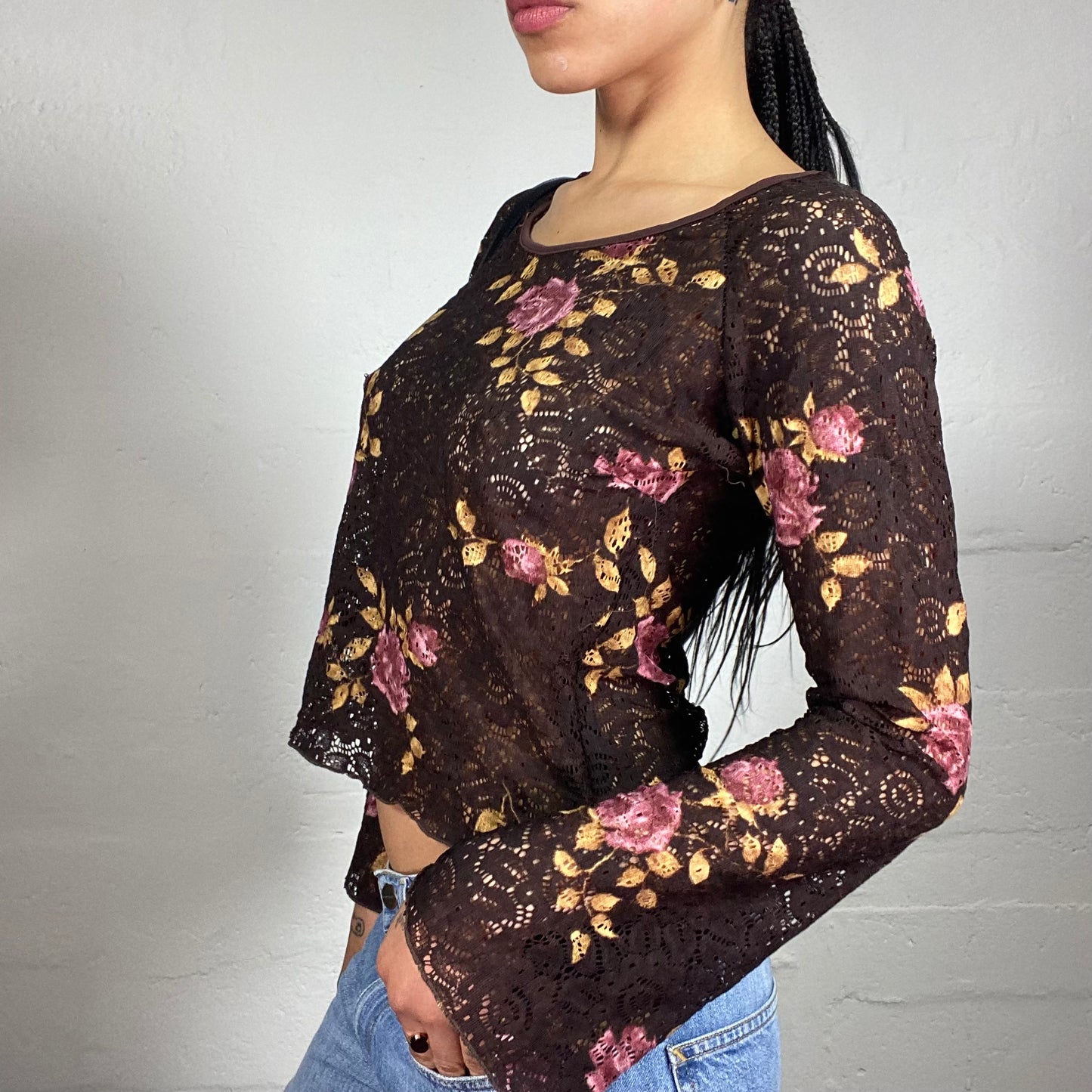 Vintage 2000's Boho Girl Brown Lace Material Floral Print Flare Sleeves Top (S)