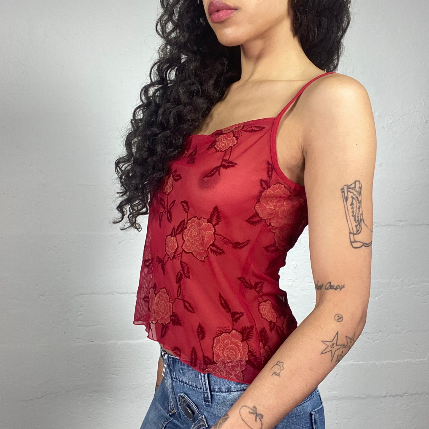 Vintage 2000's Romantic Red Mesh Cami Top with Roses Print (L)
