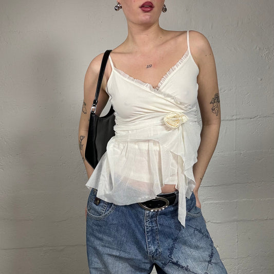 Vintage 2000's Soft Girl White Mesh Cami Top with Rosette Detail (S)