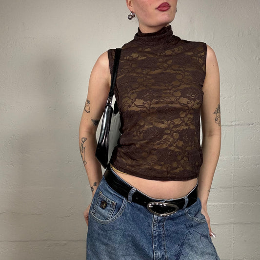 Vintage 2000's Indie Girl Brown Turtleneck Top with Floral Lacing (S)