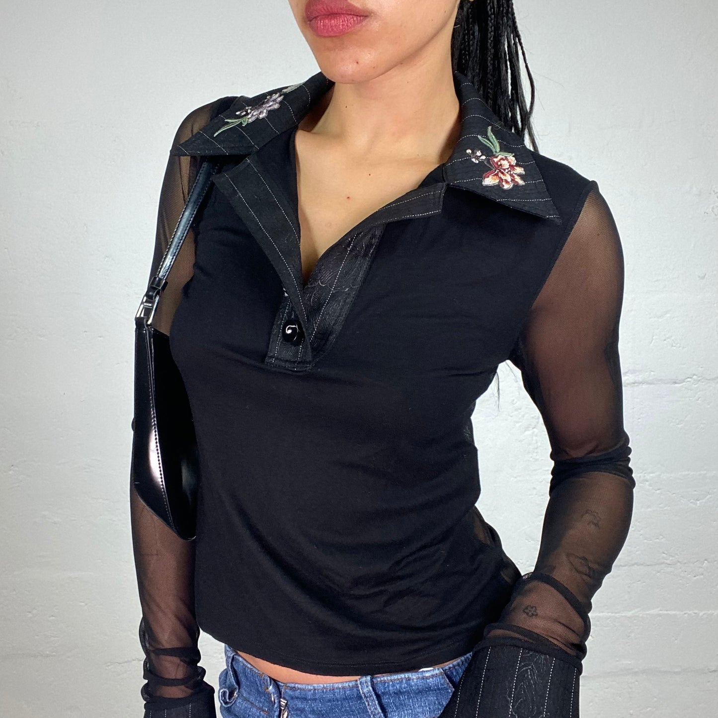 Vintage 2000's Office Girl Black Longsleeve Mesh See Through Top with Floral Printed Collar (M)