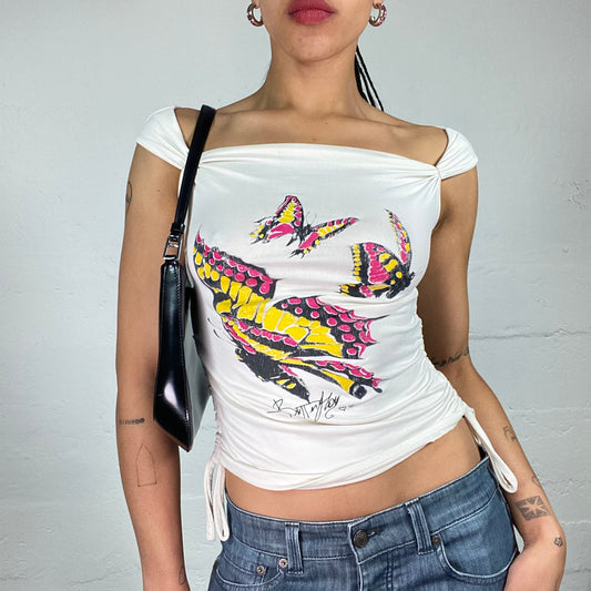 Vintage 2000's Summer Girl White Off Shoulders Draped Side Rubber Top with Colourful Butterflies Print (S)