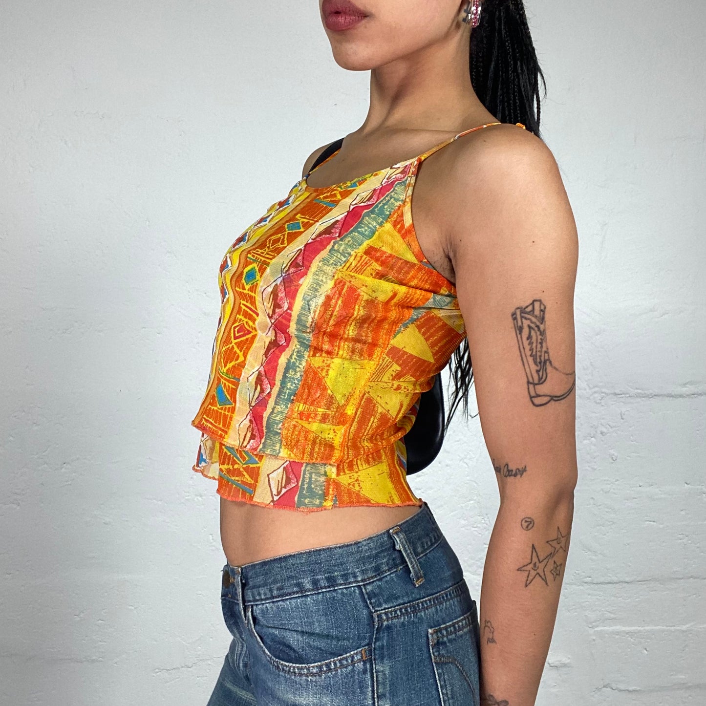 Vintage 2000's Hippie Summer Orange and Yellow Geometric Printed Cropped Cami Top (S)