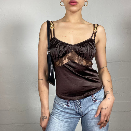 Vintage 2000's Coquette Satin Brown Cami Top with Lace Cut In and Ruffled Bra (S)