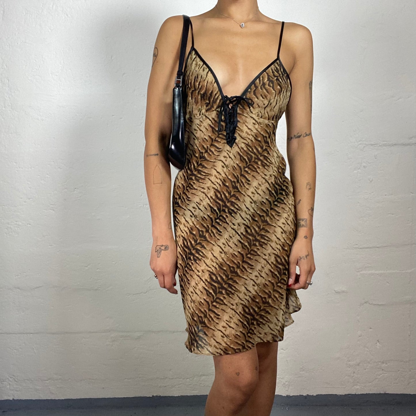 Vintage 2000's Downtown Girl Brown Toned Chiffon Animal Printed Cami Dress with Open Back (M)