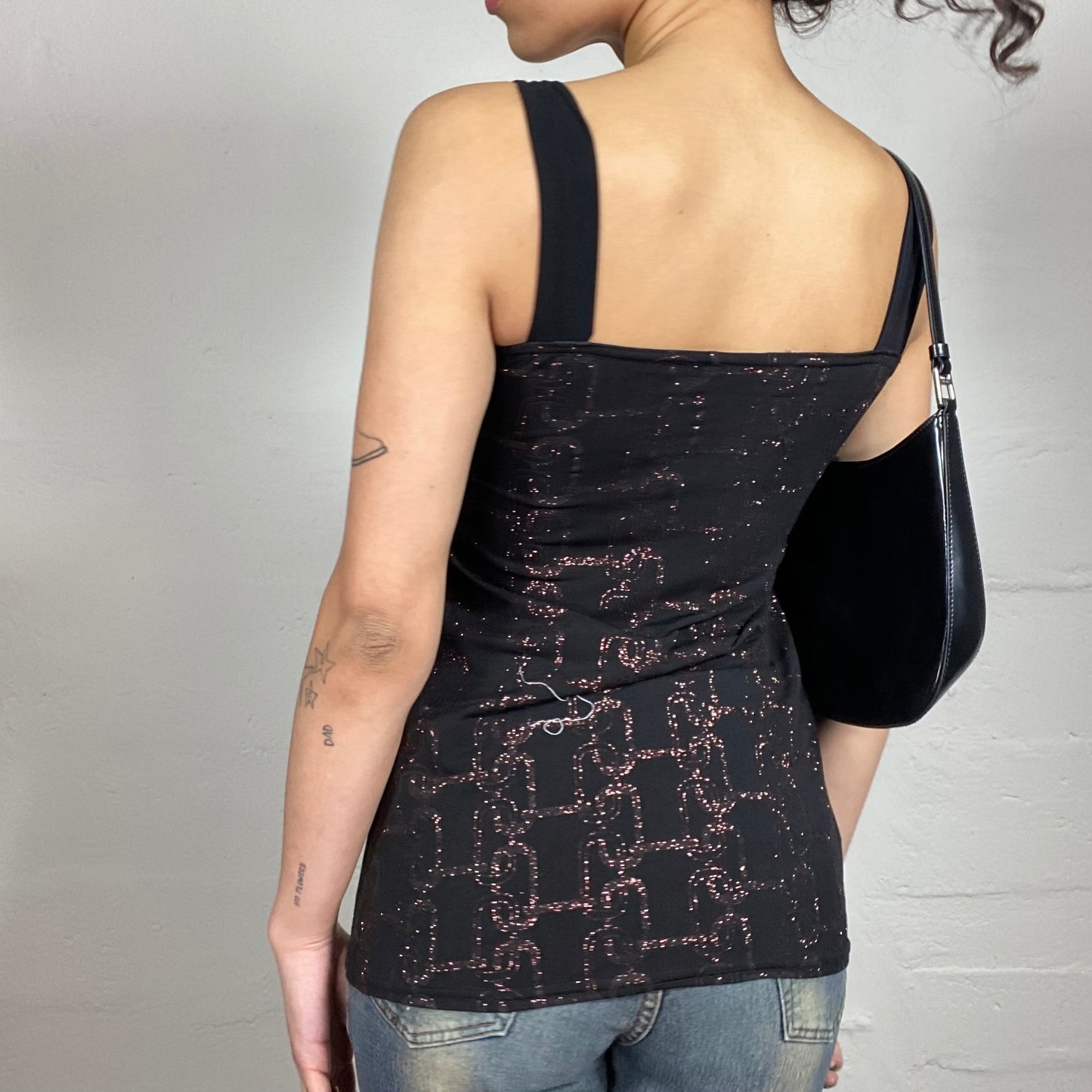 Vintage 2000's Clubwear Black Long Glitter Cami Top with Metal Square Ring Detail (M)