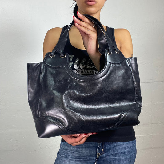 Vintage 2000's Downtown Girl Black Leather Shoulder Bag with Silver Hander Eyelet Details