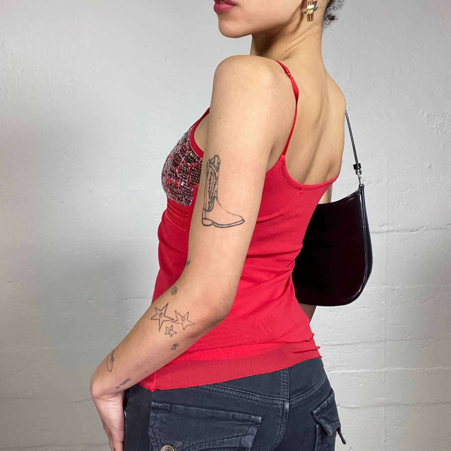 Vintage 2000's Glamorous Red Shiffon Layered Cami Top with Silver Shiny Details (S)