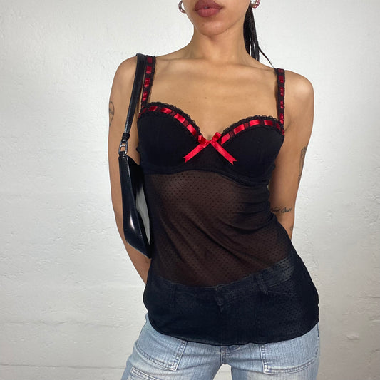 Vintage 2000’s Romantic Bkack Lingerie Style Mesh Cami Bustier Top with Red Silky Braiding Detail (M)