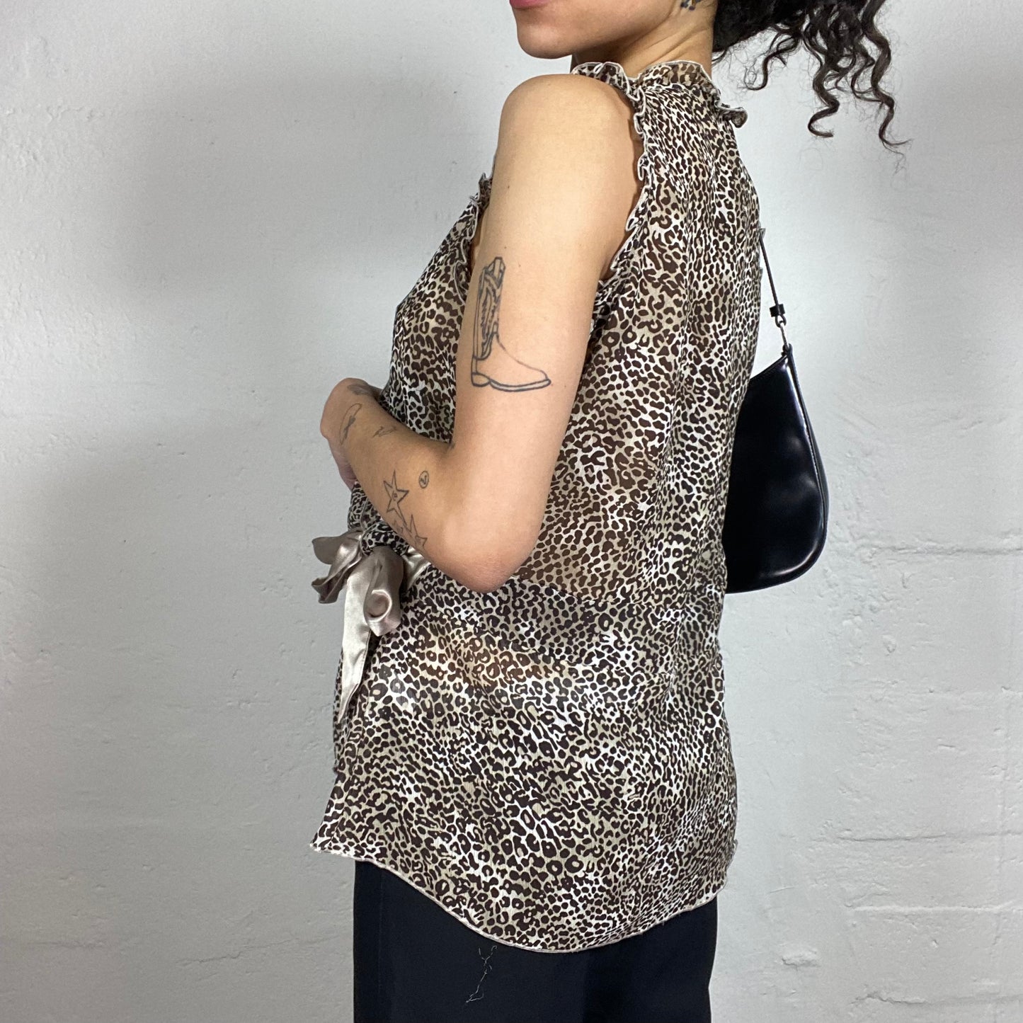 Vintage 2000's Cheetah Girl Chiffon Wrapped Side Satin Binding Animal Print Top (M/L)