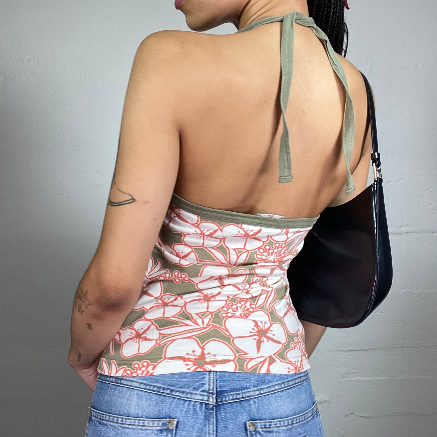 Vintage 2000's Beachwear Khaki Green and Coral Pink Neckholder Top with Floral Print (S)