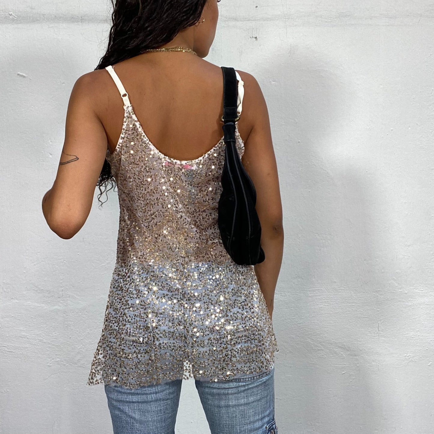 Vintage 2000's Sleaze White Mesh Long Top with Golden Sequins (S/M)