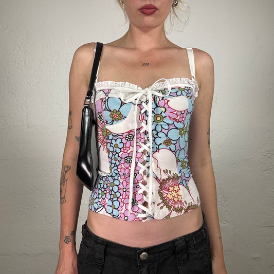 Vintage 2000's Funky White Blue and Pink Floral Corset Top with Front Lace Up Detail (M)