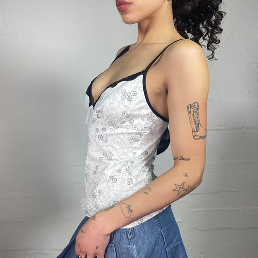 Vintage 2000's Coquette White Cami Top with Floral Print and Black Lace Trim (S)