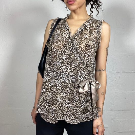 Vintage 2000's Cheetah Girl Chiffon Wrapped Side Satin Binding Animal Print Top (M/L)